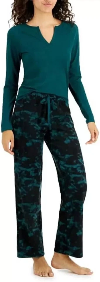 Jenni Women's Long Sleeve Split Neck Pajama Top Green Size Small