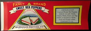 Fancy Sweet Red Peppers Vintage Can Label Burnham Packing Co. Clay City, Indiana - Picture 1 of 3