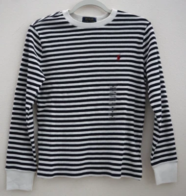 Polo Ralph Lauren Boy's Sz M (10-12) Cream/Navy Striped Waffle-Knit L/S Shirt - Image 1 of 4