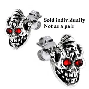 Biker Stainless Steel Evil Knight Skull Stud Earring - High Polish - Red CZ Eyes - Picture 1 of 3