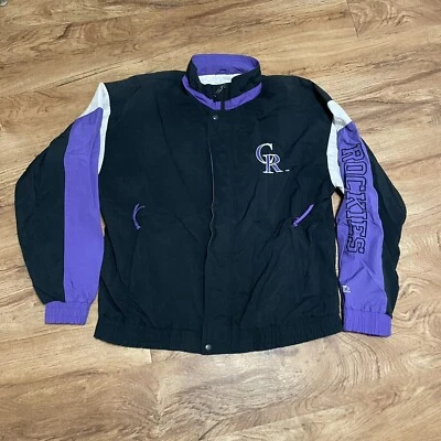 Jaqueta de beisebol vintage Starter Colorado Rockies preta roxa masculina grande casaco da liga principal de beisebol - Imagem 1 de 4