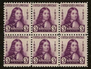 US 1933 #724 William Penn 3c Violet Block of 6 F-VF Mint NH MNH - Picture 1 of 2