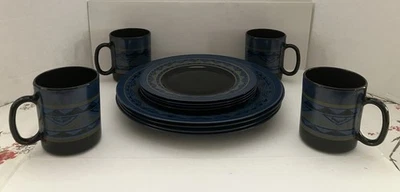 Set of 12 Arcoroc France Dinner Salad Plates Mug Yucatan Aztec Black Cobalt Blue - Image 1 of 4