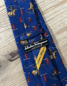 Salvatore Ferragamo 100 % Seide Luxus Krawatte blau Western Cowboy Kaktusmuster 58" L - Bild 1 von 5