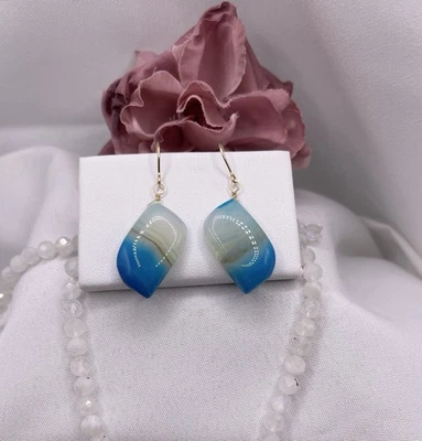 Agate Earrings - Natural Briolette - Blue & White - 14K Gold Filled - Image 1 of 4