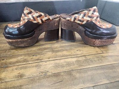 Vintage 1970's Cork and Woven Leather Platform Heels Size 8 - Image 1 of 4