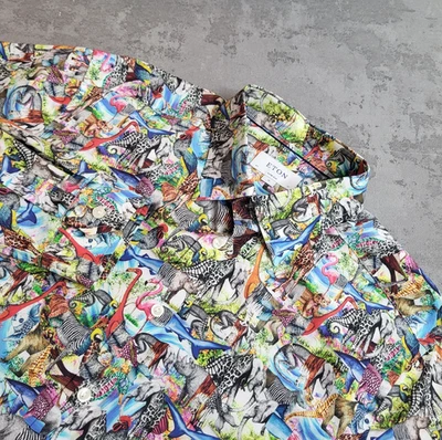 Eton Animal Print Shirt Men's XL 17" Super Slim Fit Button Blue Cutaway Barrell - Image 1 of 4