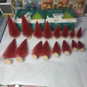 16 RED Mini Christmas Tree Bottle Brush Trees Wooden Base Village Glitter Town - Picture 1 of 15