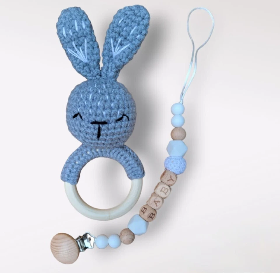 sonajero para bebe De крючком + зажим De Chupete De Madera (Gris) - Изображение 1 из 4