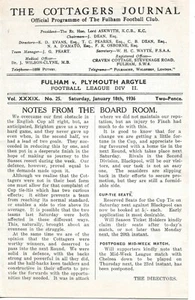FULHAM v PLYMOUTH ARGYLE ~ 18 JANUARY 1936 EX BINDER PROGRAMME ~ COVERS MISSING - Picture 1 of 2
