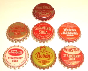 Vintage Lot 7 NOS Strawberry Soda Bottle Caps Whistle, National, Goody, Nesbitts - Picture 1 of 2