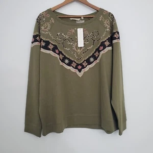 Felpa donna Illimani Soft Surroundings taglia 3X verde paillettes ricamate - Foto 1 di 8