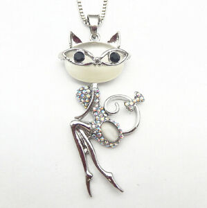 Women's White Opal AB Crystal Sexy Cat Pendant Fashion Sweater Necklace