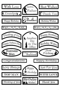 A4 Sheet of Die Cut Card Male Sentiments Silver Foil 28 Various Sayings - Foto 1 di 1