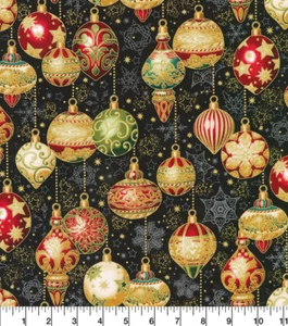 BEAUTIFUL METALIC CHRISTMAS ORNAMENTS DECORATIVE ON  BLACK COTTON FABRIC FQ - Picture 1 of 3