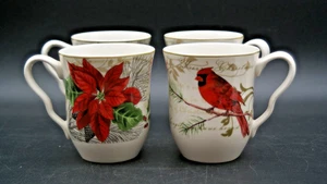 222 FIFTH Holiday Wishes Christmas Mugs Cardinals & Poinsettias Set of 4 - Picture 1 of 4