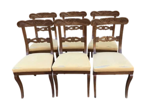 Gruppo di 6 sedie Carlo X in noce sedute imbottite tessuto giallo - Foto 1 di 7