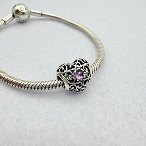 Pandora Sterling Silver February Signature Heart Charm Bead Purple Stone Jewelry - Picture 1 of 7