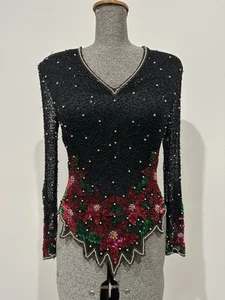 Vtg Laurence Kazer Sequin/Bead Top Silk Long Sleeve Asymmetrical Hem Size S - Picture 1 of 23