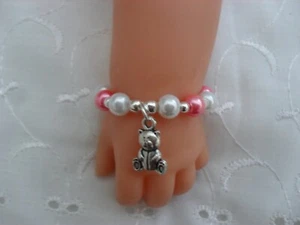 DOLLS PINK & WHITE TEDDY BEAR BRACELET FIT BABY BORN ANNABELL REBORN DOLL 15-19" - Picture 1 of 1