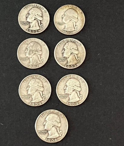 Washington Quarters 90% Silver1952, 1953, 1954, 1956    Lot of 7 Cover