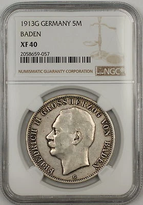 1913G Germany Baden 5M Marks Silver Coin NGC XF-40 - Image 1 of 2
