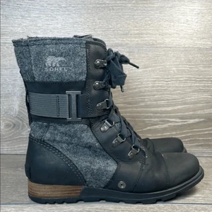 Sorel Major Carly Lace Up Womens Sz 8 Black Leather Dark Felt Gray Combat Boots - Picture 1 of 11