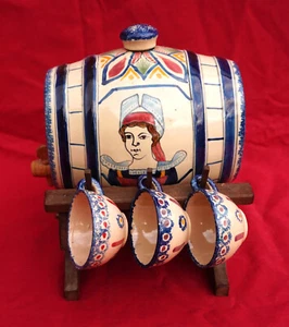 KERVELLA HENRIOT QUIMPER Liquor Set Couple Breton Barrel 6 Cup French Faience - Picture 1 of 11