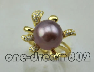 S1907 Real natural 12mm round purple pearl sterling silver ring Adjustable size - Picture 1 of 3