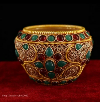 Pote de joias com incrustação de seda prata tibetana budismo tibetano antigo 8 cm coleção  - Imagem 1 de 4