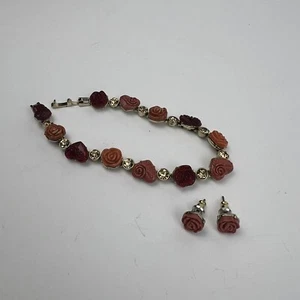 Vintage Liz Claiborne Rose Blume Cabochon 7" matt Armband und Ohrringe Set - Bild 1 von 9