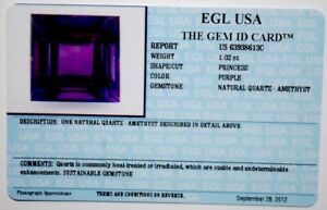EGL USA GEM ID CARD 1.02 CT PRINCESS CUT PURPLE NATURAL QUARTZ - AMETHYST