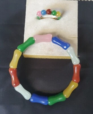 Multicolored Jadeite Jade Rhodium Plated Sterling Silver Bracelet & Ring Set  - Image 1 of 4