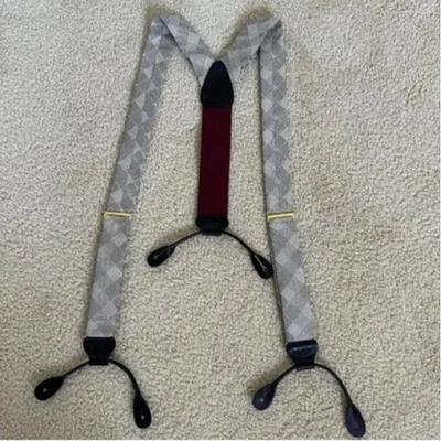 Suspensórios xadrez masculinos Trafalgar cinza seda com botões de extremidade de couro preto - Imagem 1 de 4