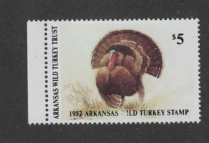 warrenstamp: US- 1992 $5 Arkansas- Wild Turkey Stamp ,#ARWT08 , OG, MNH - Picture 1 of 1
