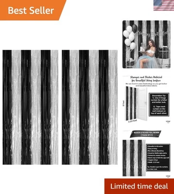 Telón de fondo con flecos negro y plateado fácil de usar - Paquete de 2 de 6,4x8 pies para eventos Foto 1 de 4
