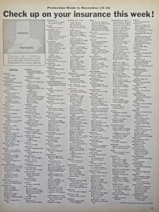 Anuncio impreso lista de agentes de seguros independientes de ciudades de Indiana y Kentucky 1963 - Imagen 1 de 6