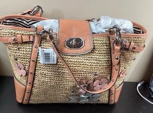 Coach groß Stroh limitiert Lackleder Mohn Pfirsich Blumen mit Staubschutz Neu mit Etikett - Bild 1 von 10