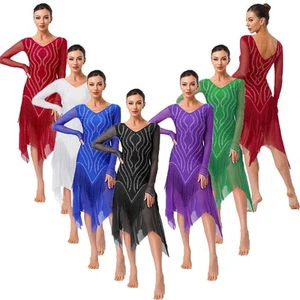 Women Dresses Tassels Dress See-Through Dancewear Rhinestones Shiny Mesh Latin - Picture 1 of 83