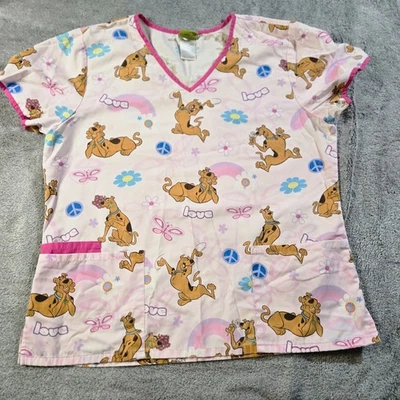 Scooby-Doo Scrub Top Womans Large Pink Valentine Hearts Love Double Pockets Larg - Image 1 of 4