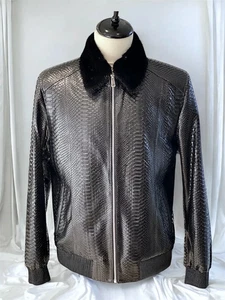 Bellizzi Luxury Men's Black Bomber Jacket Genuine Leather & Python Embossed Trim - Picture 1 of 9