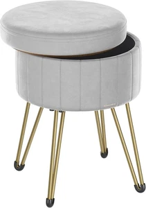 Dove Grey Velvet Storage Ottoman Round Stool Dressing Table Seat 39cm - Picture 1 of 9