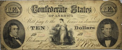 1861 $10 Confederate States Of America Currency Low Grade Dmg P188 - Image 1 of 2