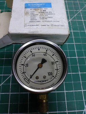 Ashcroft 63-1008-AL-02L-100# Glycerine Filled Pressure Gauge 0-100psi - Image 1 of 2