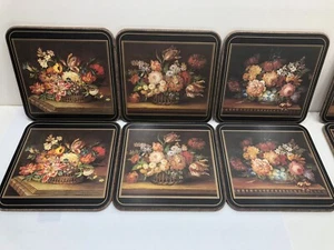 Set 12 Pimpernel 4" Cork Back Coasters Flemish Flowers Black Made in England - Picture 1 of 7