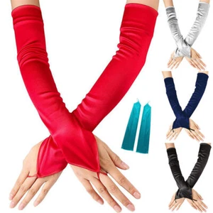 Fingerless Decor Gloves Satin Long Opera Evening Party Prom Wedding Gloves Sleek - Picture 1 of 26