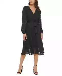kensie Women's V-Neck Chiffon Faux Wrap Long Sleeves Fit & Flare Dress Black 12 - Picture 1 of 10