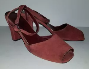 Newport News rose pink red suede ankle strap peep toe pin up 40s 50s heels. 9 - Picture 1 of 5