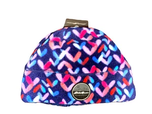 New Eddie Bauer Kids Soft Plush Fleece Hat Beanie Size M/L Blue Navy w/ Hearts - Picture 1 of 5