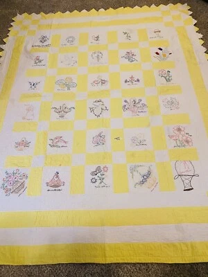 Vintage Hand Made 89”x 73” Feed Sack Cutter Quilt Hand Embroidered Autograph - Image 1 of 4